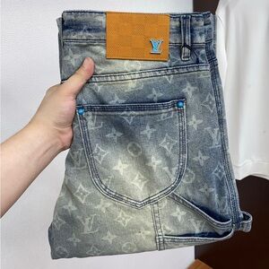 Louis Vuitton Blue Monogram Denim Jeans with Tan Patch